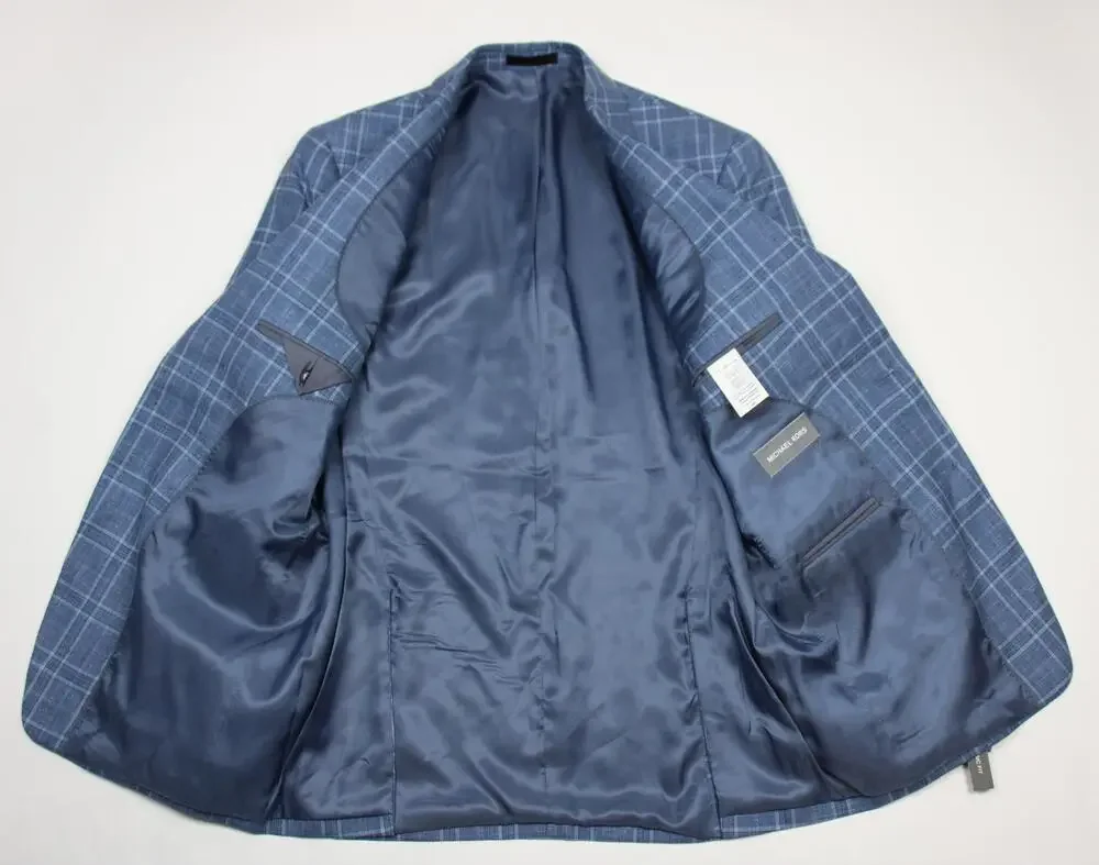 Michael Kors Blazer Mens 38 R Light Blue Plaid Wool Silk Classic Fit Sport Coat